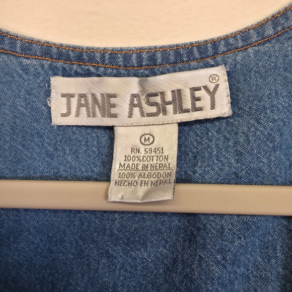 Jane Ashley Denim Dress Women M Blue Floral Embroidered Cottagecore Prairie Midi - Picture 7 of 13